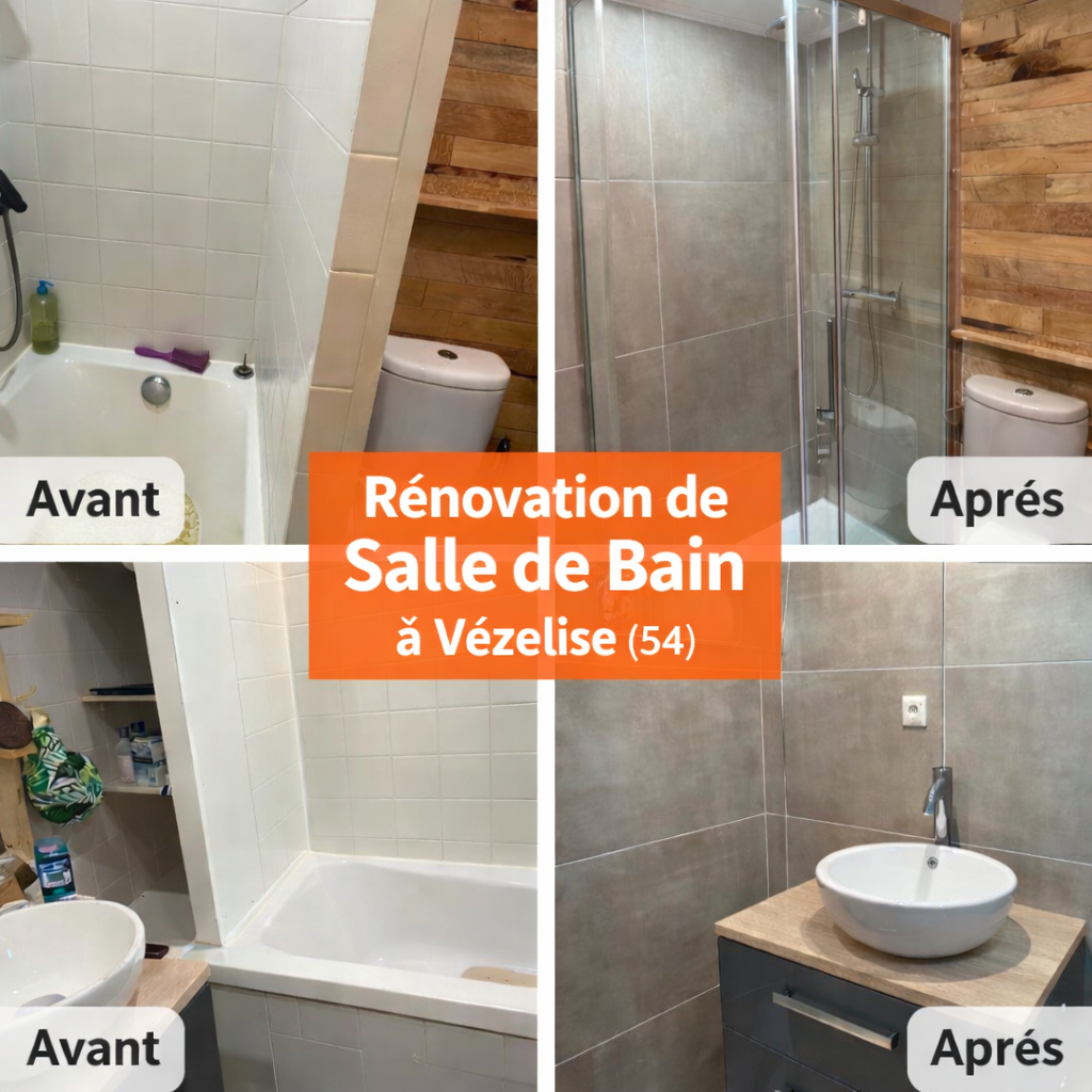 Rénovation complète de salle de bain – Vézelise (54) - Rénovation complète salle de bain à Vézelise (54) – Douche moderne, carrelage grand format et installation sanitaire réalisée par ABBOELEC.